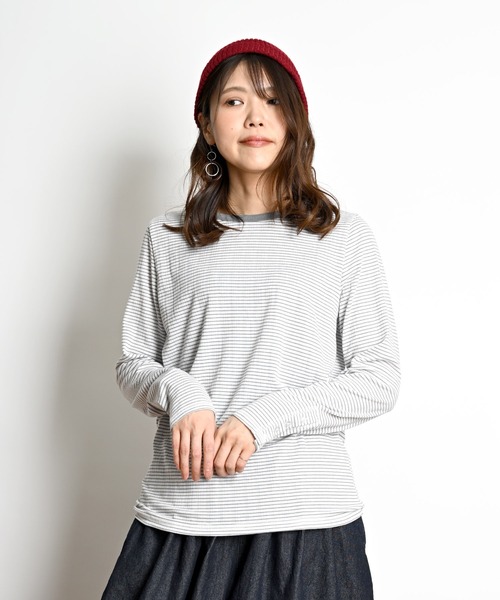 MARAI(マーライ)の「袖ボタン ボーダーカットソー(Tシャツ/カットソー・レディース・グレー/ネイビー/ベージュ/ブラック・L/M)」の3枚目の写真