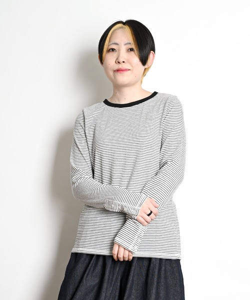 MARAI(マーライ)の「袖ボタン ボーダーカットソー(Tシャツ/カットソー・レディース・グレー/ネイビー/ベージュ/ブラック・L/M)」の12枚目の写真