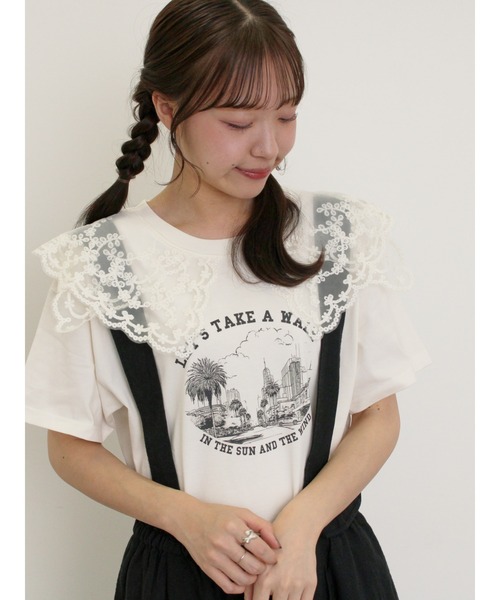 Samansa Mos2（サマンサ モスモス）の「シアーレース襟付Tシャツ（Tシャツ/カットソー・レディース・ブラウン/グレー/ブルー/オフホワイト/チャコールグレー・F）」の2枚目の写真