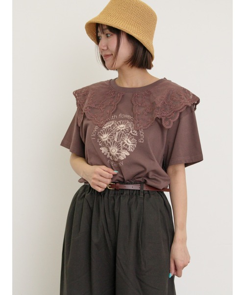 【Twinset】レーススリーブ付きTシャツ セール】シアーレース襟付Tシャツ（Tシャツ/カットソー