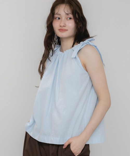 セール】肩リボンノースリーブブラウス / 無地 シンプル ホワイト