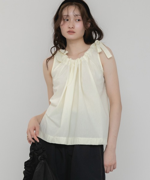 セール】肩リボンノースリーブブラウス / 無地 シンプル ホワイト