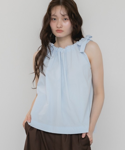 セール】肩リボンノースリーブブラウス / 無地 シンプル ホワイト