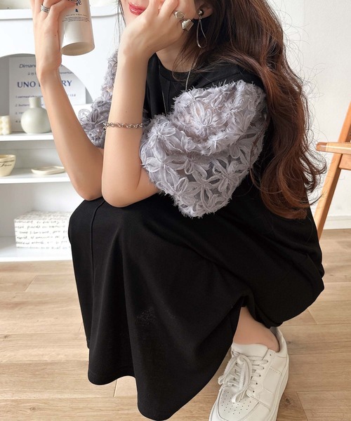 専用　　　　　チュールがふんわり重なるドッキングワンピ♡小花柄♡M セール】【8月上旬再入荷】1枚で完成する大人の抜け感ワンピ