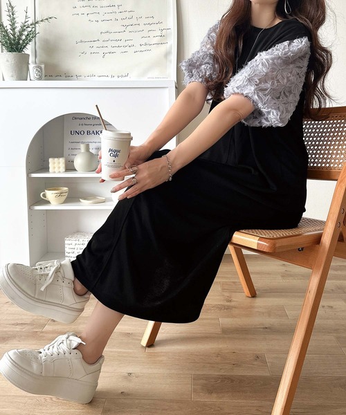 専用　　　　　チュールがふんわり重なるドッキングワンピ♡小花柄♡M 1枚で完成する大人の抜け感ワンピ♪袖花柄チュールドッキング