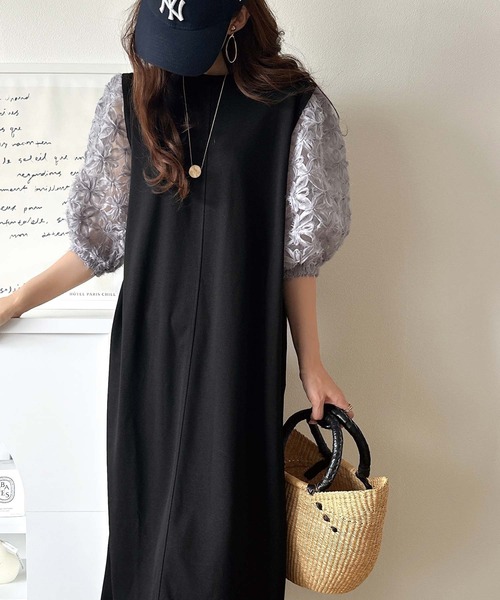 セール】1枚で完成する大人の抜け感ワンピ♪袖花柄チュールドッキング