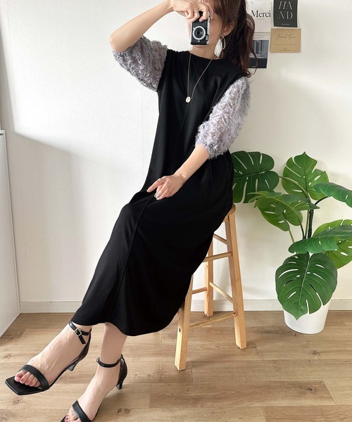classicalelf(クラシカルエルフ)の「1枚で完成する大人の抜け感ワンピ♪袖花柄チュールドッキングワンピース(ワンピース・レディース・ブラック×ブラック/ブラック×グレー・LARGE/MEDIUM/SMALL/X-LARGE)」の10枚目の写真