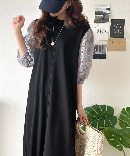 【即日発送】レースとチュールがふんわり重なるドッキングワンピ♡小花柄♡黒色♡S 即日発送】刺繍の花咲く♡レースとチュールがふんわり重なる