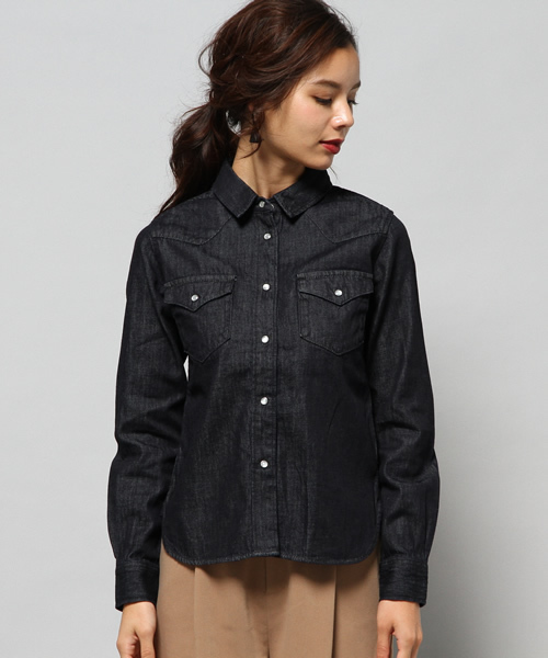 AZUL by moussy（アズールバイマウジー）の「7ozデニム長袖シャツ（シャツ/ブラウス・レディース・ワンウォッシュ/ブルー/ノンウォッシュ・MEDIUM/X-LARGE/LARGE/SMALL）」の4枚目の写真