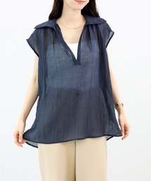 シワ加工スキッパーフレンチブラウス