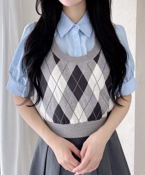 セール】アーガイルニットベスト＋ブラウスセット（シャツ/ブラウス