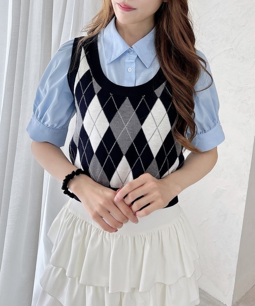 セール】アーガイルニットベスト＋ブラウスセット（シャツ/ブラウス