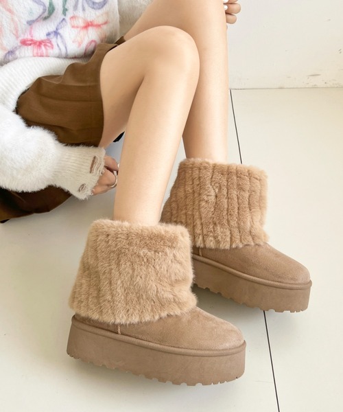 セール】軽量厚底 プラットフォーム ファーカバー ムートンブーツ 6492