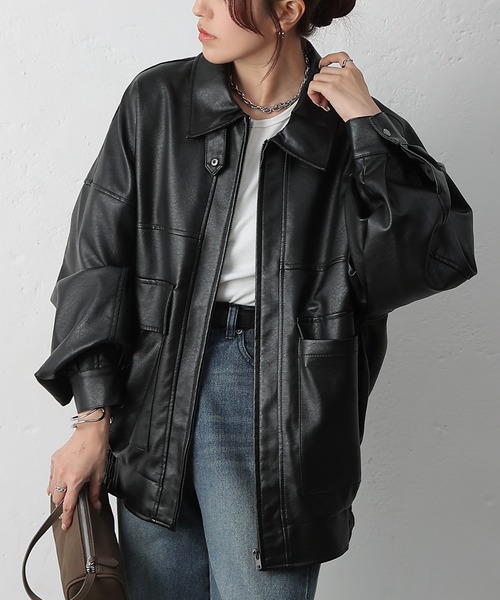 フェイクレザーオーバーブルゾン（ライダースジャケット）｜COLONY