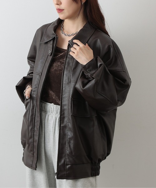 セール】フェイクレザーオーバーブルゾン（ライダースジャケット