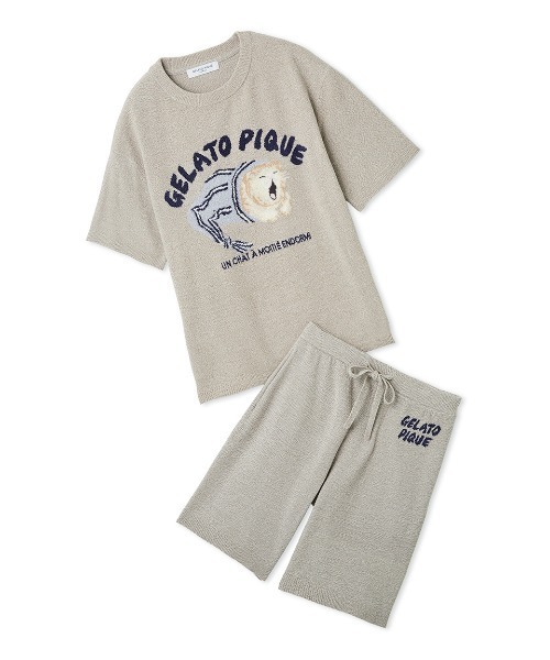 gelato pique(ジェラートピケ)の「【ONLINE限定】【HOMME】sleeping cat ジャガードプルオーバー&ハーフパンツセット(ルームウェア/パジャマ・メンズ・ミント/ネイビー/ライトグレー・M/L)」の1枚目の写真