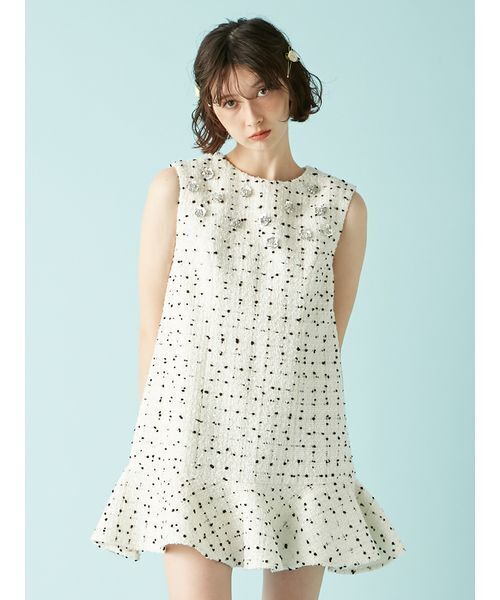 ツイードビジューAラインミニワンピース　リリーブラウン セール】[L.B CANDY STOCK]ツイードビジューAラインミニワンピース