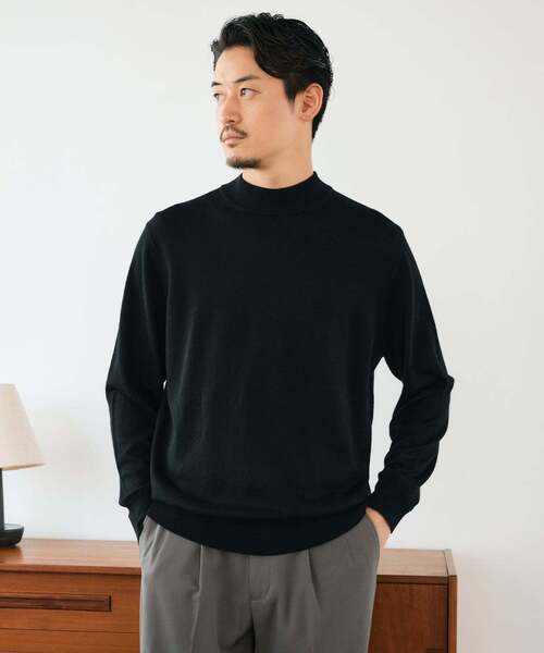 ニット　ブラック 12G ウール/シルク/カシミヤ MIX クリスタル モックネックニット