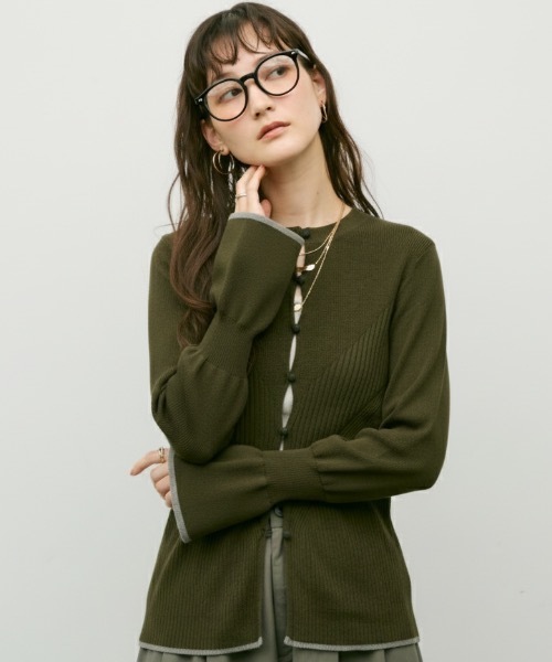 Lutim by u(ルチバイユー)の「Flared sleeve color pattern cardigan / フレアスリーブ配色パターンカーディガン(カーディガン/ボレロ・レディース・ナチュラル/ブラック/カーキ・FREE)」の1枚目の写真