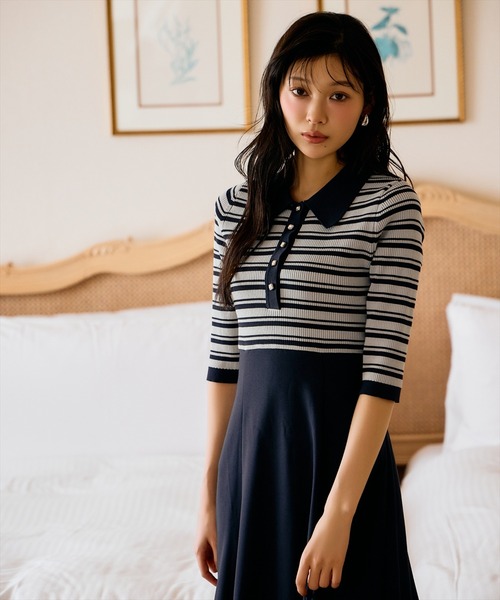 AND COUTURE(アンドクチュール)の「襟付きボーダードッキングワンピース(ワンピース・レディース・ブラック/ネイビー・FREE)」の13枚目の写真
