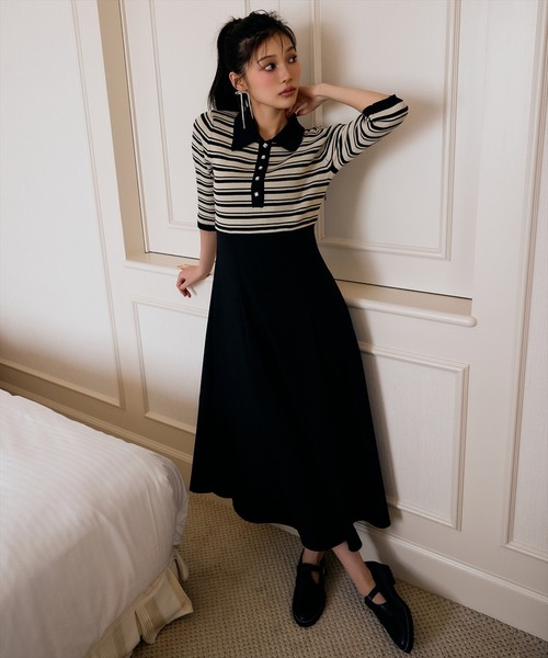 AND COUTURE(アンドクチュール)の「襟付きボーダードッキングワンピース(ワンピース・レディース・ブラック/ネイビー・FREE)」の3枚目の写真