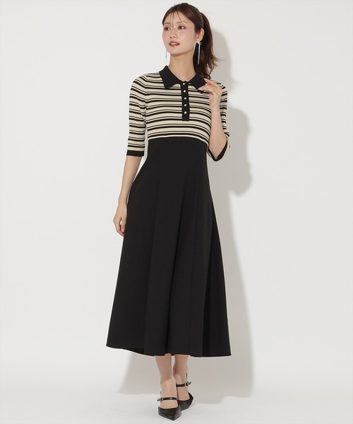 AND COUTURE(アンドクチュール)の「襟付きボーダードッキングワンピース(ワンピース・レディース・ブラック/ネイビー・FREE)」の5枚目の写真