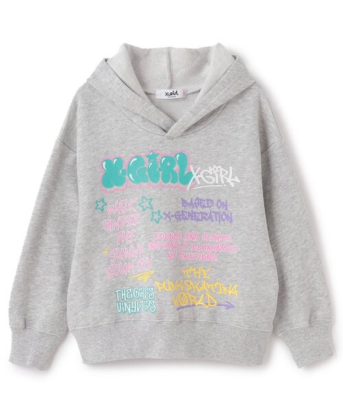 X-girl Stages（エックスガールステージス）の「【人気商品再入荷】【直営店で取り扱い無し】落書きグラフィティパーカ（パーカー・キッズ・トップグレー/スモークピンク/ブラック・110cm/120cm/100cm/140cm/130cm）」の2枚目の写真