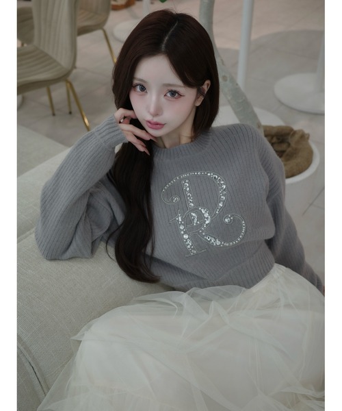 ダーリッチ darich DRビジューボリュームリブニットトップス　グレー　ロゴ Darich - 新品タグ付き Darich DRビジューリブニットトップス