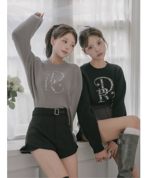 【Darich】 DRビジューボリュームリブニットトップス ブラック DRビジューボリュームリブニットトップス（ニット/セーター