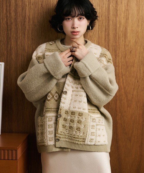 jacquard patchwork wool knit coat /ジャガード柄パッチワークウールニットコート
