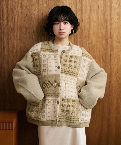jacquard patchwork wool knit coat /ジャガード柄パッチワークウール