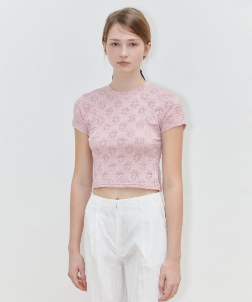 SINOON(シヌーン)の「FLOWER JACQUARD T-SHIRT (PINK)(Tシャツ/カットソー・レディース・ピンク・FREE)」の4枚目の写真