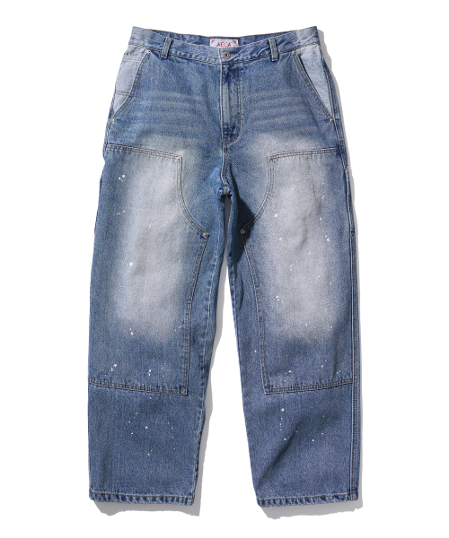 セール】DOUBLE KNEE PAINTED DENIM-BLUE（デニムパンツ）｜AECA