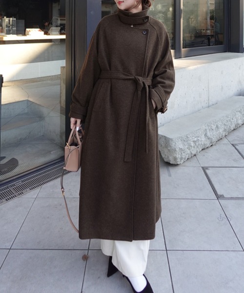 セール】ベルト付きスタンドカラーロングコート（ステンカラーコート