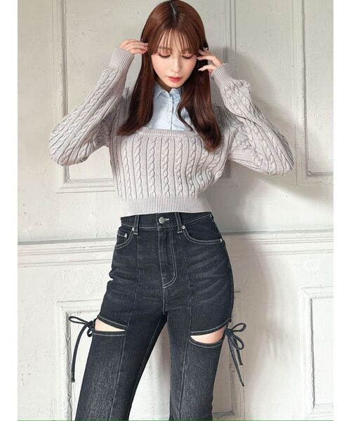 RESEXXY（リゼクシー）の「シャツドッキングケーブルニットトップス（ニット/セーター・レディース・グレー/ベージュ/ネイビー・FREE）」の15枚目の写真