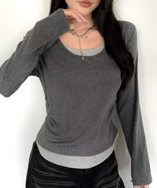 LADY LIKE(レディライク)の「サイドギャザー入りレイヤード風長袖Tシャツ(Tシャツ/カットソー・レディース・ブラウン/グレー/ブラック・M)」の9枚目の写真