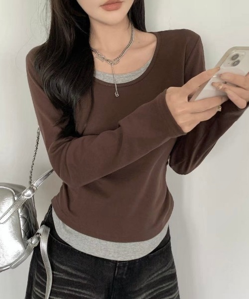 LADY LIKE(レディライク)の「サイドギャザー入りレイヤード風長袖Tシャツ(Tシャツ/カットソー・レディース・ブラウン/グレー/ブラック・M)」の11枚目の写真