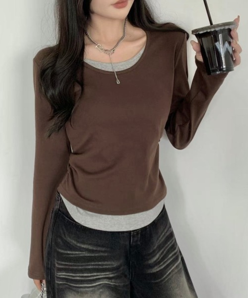 LADY LIKE(レディライク)の「サイドギャザー入りレイヤード風長袖Tシャツ(Tシャツ/カットソー・レディース・ブラウン/グレー/ブラック・M)」の12枚目の写真