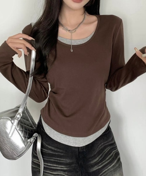 LADY LIKE(レディライク)の「サイドギャザー入りレイヤード風長袖Tシャツ(Tシャツ/カットソー・レディース・ブラウン/グレー/ブラック・M)」の13枚目の写真