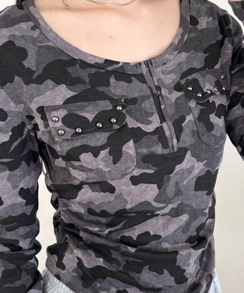 Bamm(バム)の「カモフラアウトポケットハーフジップトップス(Tシャツ/カットソー・レディース・グレー/カーキ・FREE)」の6枚目の写真