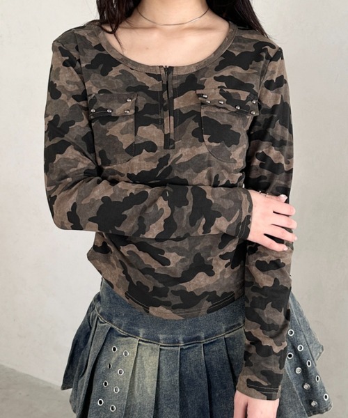 Bamm(バム)の「カモフラアウトポケットハーフジップトップス(Tシャツ/カットソー・レディース・グレー/カーキ・FREE)」の10枚目の写真