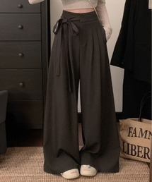 ウエスト リボン タック ワイドパンツ