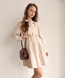 ボリュームスリーブボウタイストライプワンピース/fint フィント