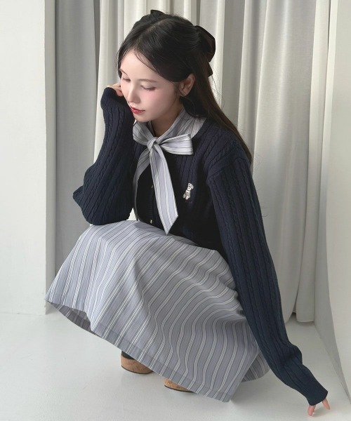 F i.n.t（フィント）の「ボリュームスリーブボウタイストライプワンピース/fint フィント（ワンピース・レディース・ライトベージュ/ブルーグレー・FREE）」の10枚目の写真