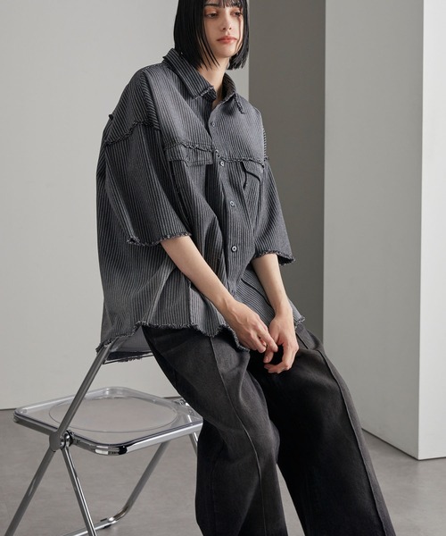 cussil(クシル)の「【cussil/クシル】グラデーションストライプフリンジ半袖シャツ(シャツ/ブラウス・メンズ・ブラック・M/S/L)」の7枚目の写真