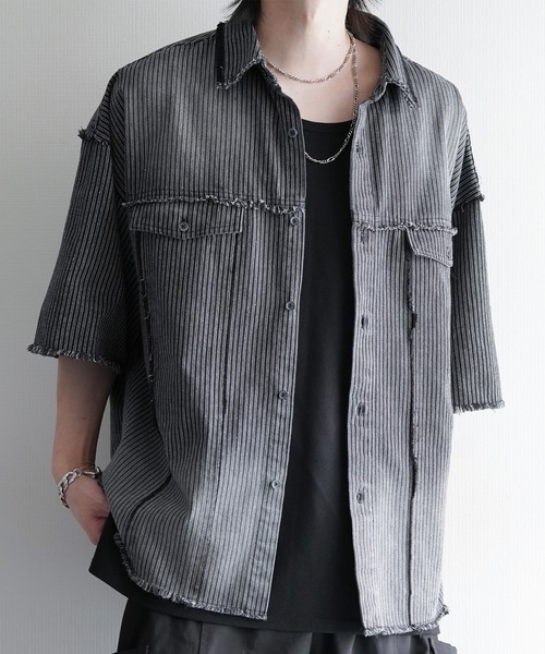 cussil(クシル)の「【cussil/クシル】グラデーションストライプフリンジ半袖シャツ(シャツ/ブラウス・メンズ・ブラック・M/S/L)」の3枚目の写真