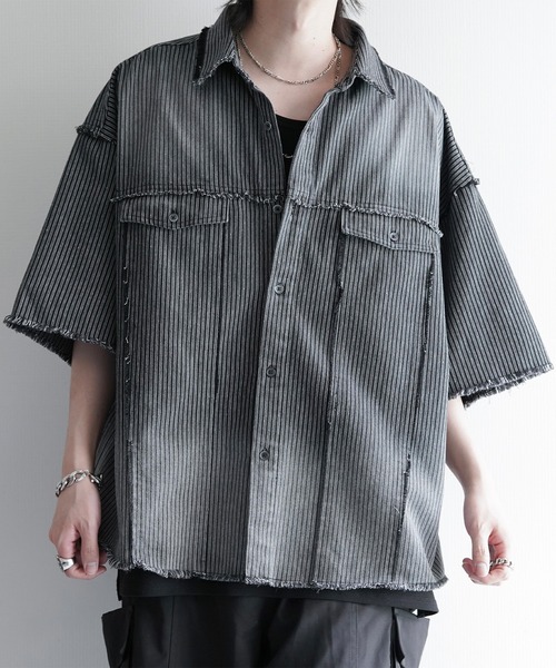 cussil(クシル)の「【cussil/クシル】グラデーションストライプフリンジ半袖シャツ(シャツ/ブラウス・メンズ・ブラック・M/S/L)」の5枚目の写真