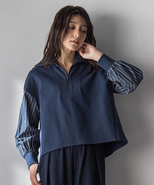 MAYSON GREY(メイソングレイ)の「ストライプスリーブハーフジッププルオーバー≪手洗い可能≫(Tシャツ/カットソー・レディース・オフホワイト/ネイビー・M)」の1枚目の写真