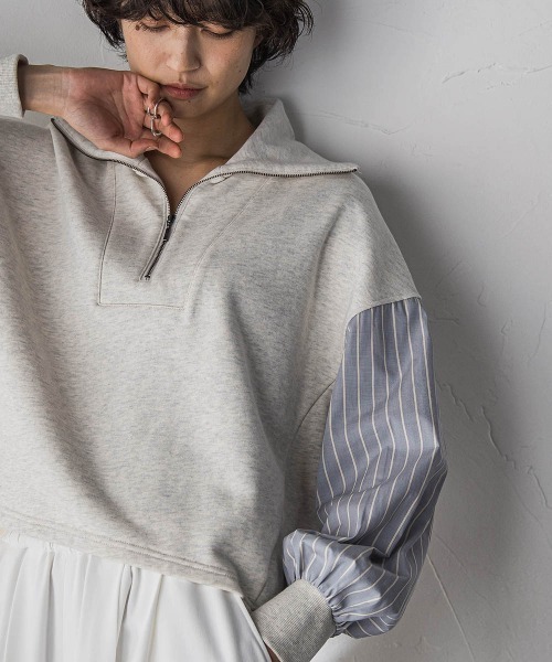 MAYSON GREY(メイソングレイ)の「ストライプスリーブハーフジッププルオーバー≪手洗い可能≫(Tシャツ/カットソー・レディース・オフホワイト/ネイビー・M)」の2枚目の写真