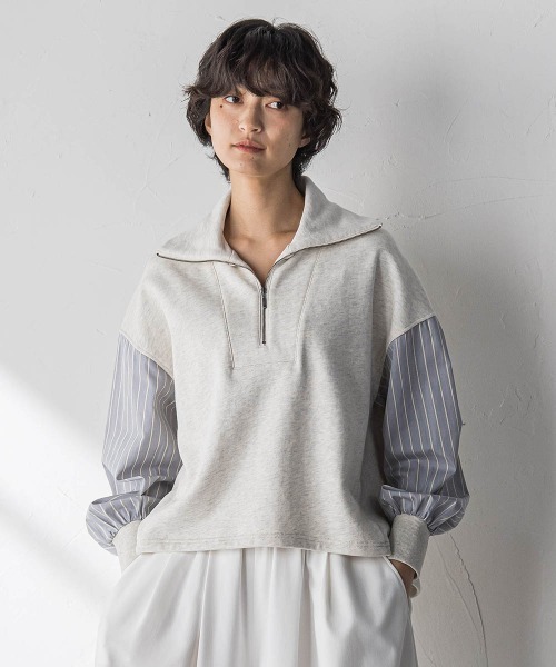 MAYSON GREY(メイソングレイ)の「ストライプスリーブハーフジッププルオーバー≪手洗い可能≫(Tシャツ/カットソー・レディース・オフホワイト/ネイビー・M)」の3枚目の写真